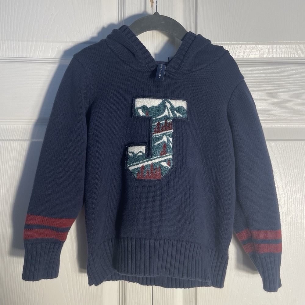 Janie And‎ Jack Hooded Sweater Boys 4 Blue Knit Pullover Raised J Applique Trees